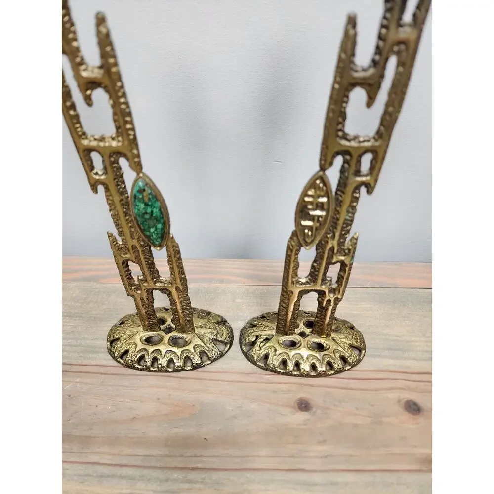 Vintage Abada Brass Israel Candle Holders Modernist Shabbat Judaica Set Of 2
